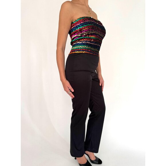 70s vintage black rainbow sequin disco festival strapless tube top pant jumpsuit - Picture 6 of 10